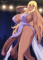 1futa allurmilk balls blonde_hair breasts casual_exposure casual_nudity catwalk clothed clothing dark-skinned_futanari dark_skin dress erection exposed_balls exposed_penis futa_only futanari green_eyes grower_not_a_shower hi_res huge_balls huge_breasts huge_cock human hyper_sag ineffective_clothing long_hair mostly_nude no_panties opera_brest original original_character penis retracted_foreskin sagging_balls solo standing thick_thighs uncensored uncut zheng