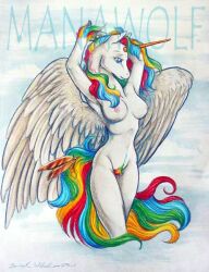 1girls alicorn annoying_watermark anthro breasts equine female furry manawolf nipples nudity pegacorn pegasus pubic_hair rainbow_hair signature solo solo_female wings