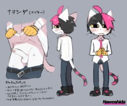 ahoge anthro balls clothing domestic_cat felid feline felis foreskin fur genitals gloves hair handwear humanoid_genitalia humanoid_penis japanese_text male mammal model_sheet multicolored_hair multicolored_tail nawoshida necktie penis pink_necktie shirt solo tagme tail text topwear translation_request white_body white_clothing white_fur white_shirt white_topwear yellow_clothing yellow_eyes yellow_gloves yellow_handwear