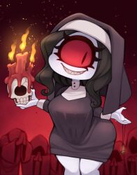 1girls black_hair candle candles claws cross cross_necklace crucifix cyclops embers eyelashes female female grin grinning holding_object large_breasts necklace nun nun_outfit pale-skinned_female pale_skin red_eyes religion sharp_teeth skull smile smiling upside_down_cross white_skin zombiemiso