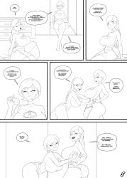 2girls alternate_breast_size ass big_ass big_breasts big_butt black_and_white bonding comic comic_page dantheman daughter english_text family_bonding female female_only helen_parr monochrome mother mother_and_daughter multiple_girls page_5 page_number parvad superheroine text the_incredibles tickling violet_parr