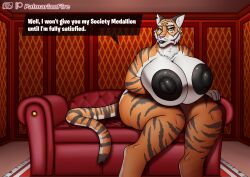 anthro arm_under_breasts big_breasts big_nipples black_lips black_nipples breasts epic_games felid female fortnite furniture hi_res huge_breasts lips looking_at_viewer mammal mature_female mommy_kink nipples oscar_(fortnite) overweight palmarianfire pantherine pinup pose rule_63 slightly_chubby sofa solo thick_thighs tiger