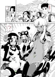 2boys 4girls bat_wings black_and_white blush bottomless breasts cait_sith capelet chest_tuft chikaishi_chisato cleft_of_venus clitoris comic crown curved_horns dark-skinned_female dark_elf dark_skin embarrassed exposed_pussy female female_pubic_hair forehead_mark glasses hamada_yoshikazu hip_wings horns inner_ear_fluff kagami_kazuya kiriha_(tsugumomo) kukuri_(tsugumomo) labia manga monochrome multiple_girls nude official_art pubic_hair pubic_tattoo public public_exposure public_indecency public_nudity pussy sidelocks small_breasts succubus surprised sweatdrop thighhighs transformation tsugumomo vagina wardrobe_malfunction