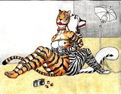 2girls anthro ball_gag bondage bound feline female furry gagged rope rope_bondage skunk taj tiger zig_zag