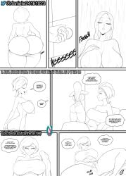 2girls alternate_breast_size ass big_ass big_booty big_breasts big_butt black_and_white comic comic_page dantheman english_text female female_only helen_parr masturbation monochrome multiple_girls page_6 page_number parvad shower showering text the_incredibles violet_parr