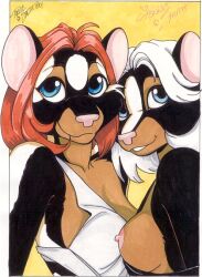 2001 2girls anthro blue_eyes breasts clothed female furry multicolored_body multicolored_fur nipples pink_nose red_hair sideboob signature skunk terrie_smith topless white_hair