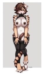 absurd_res anthro areola areolae big_breasts big_penis biped bottomwear breasts clothed clothing clothing_lift erection felid fur genitals gynomorph hi_res intersex mammal nipples pants penis piercing shirt shirt_in_mouth solo spuydjeks striped_body striped_fur stripes tiger topwear