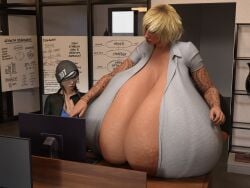 3d breast_envy breasts_bigger_than_torso breasts_rest cleavage dokkaebi_(rainbow_six) glasses huge_ass hyper hyper_breasts inflation jaw_drop massive_breasts mini_giantess office office_clothing office_lady pointing polakpeasant rainbow_six_siege valkyrie_(rainbow_six) wide_hips yellow_hair