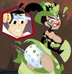 1boy 1girls accurate_art_style beauty_mark big_breasts black_hair breasts cleavage diaper female female_focus huge_breasts josephine_clench male samurai_jack toonbabifier wardrobe_malfunction