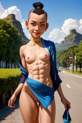 1girls abs ai_generated avatar_legends avatar_the_last_airbender bookoflustfan female fit_female flat_chest flat_chested genderswap_(mtf) lipstick muscular robe rule_63 sokka stripping toned_female undressing water_tribe