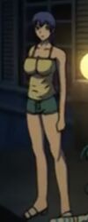 discipline:record_of_a_crusade discipline_zero large_breasts miyagishi_yuuki sandals short_blue_hair short_hair short_shorts tank_top