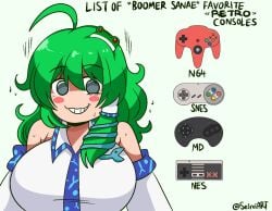 1girls ahoge aqua_eyes artist_name big_breasts boomer_sanae breasts clothed_female english_text funny game_console game_controller goofy_ahh goofy_smile green_eyes green_hair grey_background hairclip light-skinned_female long_hair meme nes_controller nintendo_64 pink_cheeks sanae_kochiya sega_genesis seireiart silly silly_face snes_controller solo solo_female sweat teeth text touhou watermark