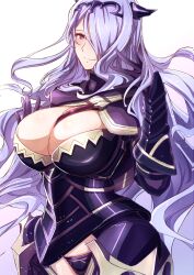 1girls absurdres armor black_armor black_panties blush breasts camilla_(fire_emblem) cleavage female female_only fire_emblem fire_emblem_fates hair_lift hair_ornament hair_over_one_eye highres huge_breasts lips long_hair looking_at_viewer mature_female nintendo panties purple_eyes purple_hair smile solo tiara to_(tototo_tk) underwear wavy_hair white_background