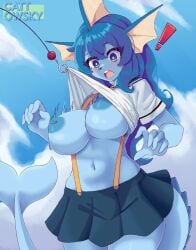 accidental_circumstance accidental_exposure anthro belly belly_button big_breasts blue_body blue_eyes blue_hair breasts breasts_out cattowsky comission eeveelution generation_1_pokemon hi_res hook human lifted_shirt long_hair no_bra original_character pokémon_(species) pokemon pokemon_(species) sailor_uniform school_uniform shirt shirt_lift skirt surprised suspenders tail vaporeon wide_hips