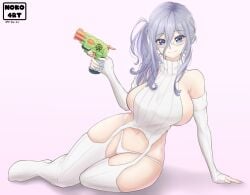 belly big_breasts blue_eyes clothing date_a_live female firearm glasses grey_hair gun handgun human lingerie murasame_reine nerf pale_skin simple_background smile smiling thick_thighs thighs toy_gun weapon white_pantyhose