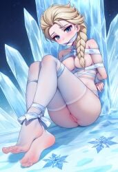 ai_generated arms_tied_behind_back blackjackmacbastard blonde_hair blue_eyes blush bondage bound_ankles bound_legs breasts cleave_gag disney disney_princess elsa_(frozen) frozen_(film) gag gagged looking_at_viewer mostly_nude pussy ribbon_bondage thighhighs