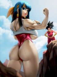 2girls aged_up ass ass_bigger_than_head big_ass big_breasts black_hair blue_eyes blue_hair bra_(dragon_ball) bra_briefs brapan breasts dragon_ball dragon_ball_gt dragon_ball_super female female_only fusion huge_ass huge_breasts kafla kefla large_ass large_breasts long_hair looking_back multicolored_hair multiple_girls novasayajingoku pan_(dragon_ball) underboob