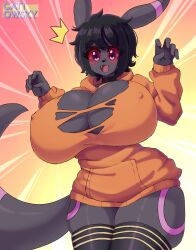 anthro big_breasts black_body black_hair breasts breasts_bigger_than_head breasts_out cattowsky choker eeveelution fangs generation_2_pokemon hi_res highres hoodie huge_breasts human legwear nintendo nipple_bulge nipples nipples_visible_through_clothing only_top pokémon_(species) pokemon pokemon_(species) purple_eyes ripped_clothing short_hair stockings surprised surprised_expression tail thick thick_thighs thighhighs thighs topwear umbreon