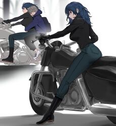 1boy 1girls alternate_costume ashe_ubert ass big_ass black_footwear black_gloves black_pants black_shirt blue_eyes blue_hair blue_hoodie boots breasts byleth_(female)_(fire_emblem) byleth_(fire_emblem) byleth_(fire_emblem)_(female) closed_mouth commentary_request contemporary denim female fire_emblem fire_emblem:_three_houses flying_sweatdrops from_side gloves green_eyes grey_hair highres hood hood_down hoodie hug hug_from_behind jeans large_breasts long_hair long_sleeves looking_at_viewer male medium_hair motor_vehicle motorcycle nintendo outdoors pants pocket profile riding shirt shoes short_hair sitting sneakers teal_hair twitter_username ushiomi white_footwear