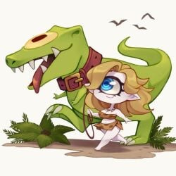 blonde_hair blue_eyes cavegirl cavewoman cleavage collar cyclops dinosaur eyelashes leash midriff necklace pale-skinned_female pale_skin plant plants pointed_ears pointy_ears smile smiling vegetation white_background white_skin wholesome zombiemiso