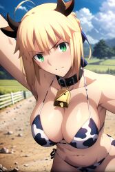 1girls ai_generated artoria_pendragon bikini blonde_hair collar cow_costume cow_print cow_print_bikini day facing_viewer fate/grand_order fate/stay_night fate_(series) female full_body green_eyes large_breasts looking_at_viewer male_pov nai_diffusion outdoors pov red_eyes short_hair solo squatting stable_diffusion