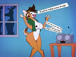 after_transformation christmas deer electronics female frillyanubis_(artist) gender_transformation hi_res holidays implications male mammal mtf_transformation new_world_deer nude nude_anthro radio reindeer silhouetted_body solo surprise text text_box transformation window