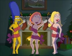 3milfs accurate_art_style american_dad bedroom_eyes blackzacek blonde_hair blue_earring blue_hair earrings family_guy francine_smith lois_griffin marge_simpson milf milfs multiple_milfs nipple_visible_through_clothes red_hair red_lipstick the_simpsons xmas yellow_body