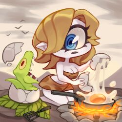 blonde_hair blue_eyes campfire cavegirl cavewoman cleavage cooking cyclops dinosaur egg eggs eyelashes fire fried_egg frying frying_pan leaves midriff pale-skinned_female pale_skin pointed_ears pointy_ears rocks sky spatula stones white_skin zombiemiso