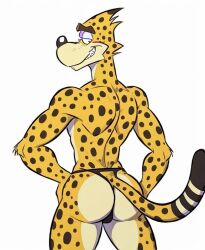 2018 anthro anti_dev back cheetah hybrid jockstrap looking_at_viewer male muscular new oc pattern skinny smiling yellow_fur