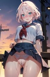 ai_generated green_eyes lifting_skirt pink_hair public pussy sailor_uniform senju_kawaragi tokyo_revengers