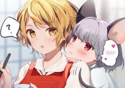 2girls ? animal_ears apron ari_don blonde_hair cooking grey_hair hands_on_shoulders highres jacket ladle mouse_ears mouse_girl multiple_girls nazrin red_apron red_eyes red_jacket shirt speech_bubble spoken_question_mark toramaru_shou touhou white_shirt yellow_eyes yuri