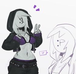 :] :p belly_button_piercing belt black_and_purple_hoodie black_belt black_bottomwear black_clothing emoticon harharharhar ich mrcaldo oc original_character peace_sign speech_bubble square_speech_bubble tagme tongue_out white_body white_hair
