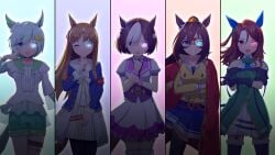 4girls 5girls animal_ears ao_komhur bare_shoulders black_pantyhose black_thighhighs blue_eyes blue_jacket bow bracelet brown_hair buttons clenched_hand commentary_request cowboy_shot crossed_arms domino_mask double-breasted dress ear_bow ear_covers ear_ornament el_condor_pasa_(umamusume) finger_to_mouth frilled_shirt frills glowing glowing_eye golden_generation_(umamusume) gradient_background grass_wonder_(umamusume) green_bow green_dress grey_hair grin hair_between_eyes hair_ornament hairclip holding_own_arm horse_ears horse_girl jacket jewelry king_halo_(umamusume) long_hair long_sleeves looking_at_viewer mask multicolored_hair multiple_girls off-shoulder_dress off_shoulder open_mouth pantyhose ponytail puffy_short_sleeves puffy_sleeves purple_bow purple_eyes red_eyes red_jacket seiun_sky_(umamusume) shirt short_sleeves single_ear_cover sleeveless sleeveless_shirt smile special_week_(umamusume) streaked_hair teeth thigh_strap thighhighs tongue tongue_out umamusume upper_teeth_only white_hair white_shirt white_thighhighs wristband yellow_shirt