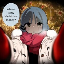 absurdres blue_hair blush bocchi_the_rock! english_text female highres looking_at_viewer machuuu68 meme mole mole_under_eye pov pov_cheek_warming_(meme) reaching reaching_towards_viewer red_scarf scarf yamada_ryou yellow_eyes