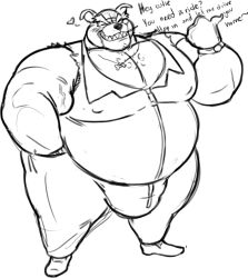 anthro big_bulge black_and_white bulge canid canine dribble_(warioware) furry grinning itzcharlie kosmonius male male_only musclegut muscular muscular_anthro muscular_arms necklace overweight pants pecs shoes sleeveless_shirt solo solo_male text