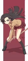 bent_over black_hair black_loafers black_socks border brown_eyes chi-hatan_military_uniform erakin female girls_und_panzer highres jacket knee_socks kneehighs kneesocks loafers long_hair long_sleeves looking_at_viewer nishi_kinuyo red_skirt school_uniform serious shadow shoes skirt socks socks_and_shoes solo white_border yellow_jacket