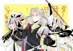 1boy 3girls black_hair breasts cigarette coat coat_on_shoulders fate/grand_order fate_(series) grey_eyes grey_hair hinoya holding holding_cigarette holding_polearm holding_weapon jacket long_hair medium_breasts midriff multicolored_hair multiple_girls nagao_kagetora_(fate) polearm ponytail smoking striped_suit suit takeda_shingen_(fate) two-tone_hair uesugi_kenshin_(fate) weapon white_hair white_jacket yellow_background yellow_eyes