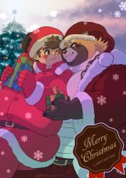 anthro belly blush brown_body brown_fur canid canine christmas christmas_clothing christmas_headwear chubby_protagonist_(tas) clothing cuddling duo embrace english_text fur gyobu hat headgear headwear hi_res holidays hug human kusarikakemono lifewonders male male/male mammal overweight protagonist_(tas) raccoon_dog romantic romantic_couple santa_hat scar size_difference tanuki text tokyo_afterschool_summoners