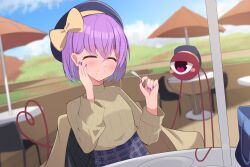 blue_headwear blurry bow closed_eyes cloud cloudy_sky contemporary depth_of_field female fork highres holding holding_fork jacket komeiji_satori oreo_kirisame plaid plaid_skirt purple_hair purple_nails purple_skirt satori_komeiji skirt sky solo sweater touhou wholesome yellow_bow yellow_jacket yellow_sweater