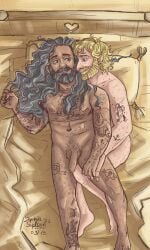 2boys 2males balls beard bed blackbeard blonde_hair cuddling earrings edward_teach flaccid_penis gay hand_on_hand knee_between_legs long_hair long_hair_male looking_at_each_other male_only nude our_flag_means_death penis pirate salt_and_pepper_hair scars soelbergsophia spooning stede_bonnet tattoos thigh_grab