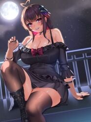 absurdres ahoge bare_shoulders black_dress blush boots breasts brown_eyes brown_hair brown_thighhighs choker cleavage collarbone commission dress female fishnet_gloves fishnets foot_out_of_frame full_moon gloves grin hair_ornament heart heart_ahoge highres kisaragi_tsurugi knee_up large_breasts legs long_hair long_sleeves looking_at_viewer moon night night_sky original pixiv_commission sidelocks sitting sky smile solo thighhighs thighs