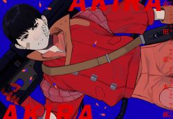 1boy akira_(manga) bandage_on_face bandages bandaid bandaid_on_face black_eyes black_hair blue_background chichi840426 copyright_name cowboy_shot dutch_angle gloves gun highres holding holding_weapon jacket kaneda_shoutarou_(akira) looking_to_the_side male_only over_shoulder parted_lips rifle serious short_hair weapon weapon_over_shoulder