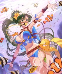 1girls alternate_costume bare_thighs bikini blue_bikini blue_swimsuit breasts bubble cleavage commission earrings female female_only fire_emblem fire_emblem:_the_blazing_blade fire_emblem_heroes fish flower goggles green_eyes green_hair hair_flower hair_ornament highres jewelry large_breasts long_hair lyn_(fire_emblem) lyn_(summer)_(fire_emblem) navel nintendo official_alternate_costume open_mouth ponytail school_of_fish smile snorkel snorkel_in_mouth solo submerged sumustard swimming swimsuit thick_thighs thighs underwater very_long_hair wide_hips