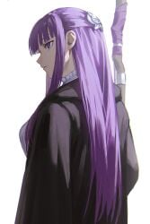 absurdres black_coat black_robe butterfly_hair_ornament closed_mouth coat collar commentary cut_bangs english_commentary female fern_(sousou_no_frieren) frilled_collar frills hair_ornament highres holding holding_staff long_hair long_sleeves mage_staff purple_eyes purple_hair robe sidelocks simple_background solo sousou_no_frieren staff straight_hair uqi32 white_background