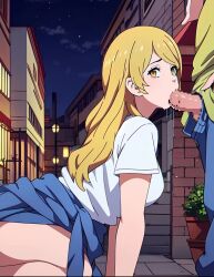 1boy 1boy1girl 1girls 2d ai_generated blonde blonde_female blonde_hair blowjob censored emma_sano female female_focus gold_eyes male male/female mosaic_censoring oral oral_sex patreon penis_in_mouth public_blowjob public_oral ranway_(artist) school_uniform submissive_female sucking_penis tokyo_revengers