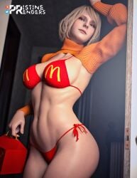 3d ashley_graham ashley_graham_(ella_freya) ass big_breasts bikini blonde_hair blue_eyes bracelet breasts bubble_butt busty capcom female female_focus female_only happy_meal hourglass_figure lipstick mcdonald's micro_bikini mom_(japanese_mcdonald's_commercial)_(cosplay) navel nipples phone pristinerenders resident_evil resident_evil_4 resident_evil_4_remake short_hair tagme wide_hips yoru_mac