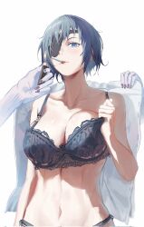 1girls big_breasts blue_eyes bra breasts chainsaw_man cleavage dotthebot eyepatch female female_only ghost_devil_(chainsaw_man) highres himeno_(chainsaw_man) lace large_breasts lingerie navel open_clothes panties short_hair smoking solo underwear undressing upper_body