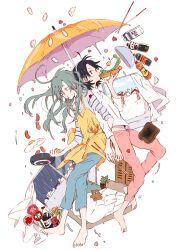 2boys ahoge apron back-to-back barefoot beach_umbrella bed black_hair blue_pants carrot chewing chopsticks dumpling eating femboy fingernails flower food fried_egg frying_pan full_body futon gay girly green_hair grey_shirt grey_sleeves h_kawa hairband heart holding holding_chopsticks holding_food holding_frying_pan jiaozi lettuce locked_arms long_hair long_sleeves looking_at_another loose_hair_strand makishima_yuusuke male_focus midriff_peek multiple_boys pants pillow pink_flower plant potted_plant red_pants ribbon sandwich shirt short_hair simple_background sleeves_past_elbows soda_bottle striped_sleeves stuffed_animal stuffed_toy sweatpants teddy_bear toenails toudou_jinpachi umbrella v-neck white_background white_hairband white_shirt white_sleeves yaoi yellow_apron yellow_ribbon yellow_umbrella yowamushi_pedal yusuke_makishima