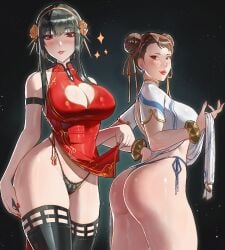 2023 2girls ass assassin big_breasts black_hair blush brown_hair capcom china_dress chinese_clothes chun-li crossover female female_human female_only fit_female full_lips highleg human jamesloves_art large_breasts lifted lifted_by_self lifting lifting_clothing light-skinned_female mature_female multiple_girls nail_polish pale-skinned_female red_eyes red_nail_polish red_nails simple_background slim_waist spy_x_family street_fighter street_fighter_6 thick_thighs thigh_boots thighhighs thighs thorn_princess wide_hips yor_briar yor_forger