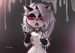 absurd_res anthro areola biped bodily_fluids breasts canid canid_demon cum demon female front_view fur genital_fluids grey_hair hair hellhound helluva_boss hi_res jizoku loona_(helluva_boss) mammal navel nipples red_sclera solo tongue tongue_out white_eyes